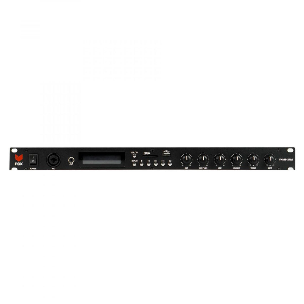 O leitor multimédia FOX FXMP-3FM para montagem em rack possui entradas USB, SD, XLR e AUX.