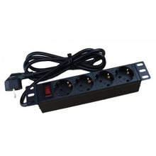 Régua de tomadas para montagem em bastidor de 10" e 1U com 4 tomadas e interruptor indicador LED.