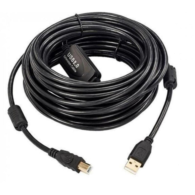 Cabo USB 2.0 de A para B preto enrolado, com filtros de ferrite e conectores dourados