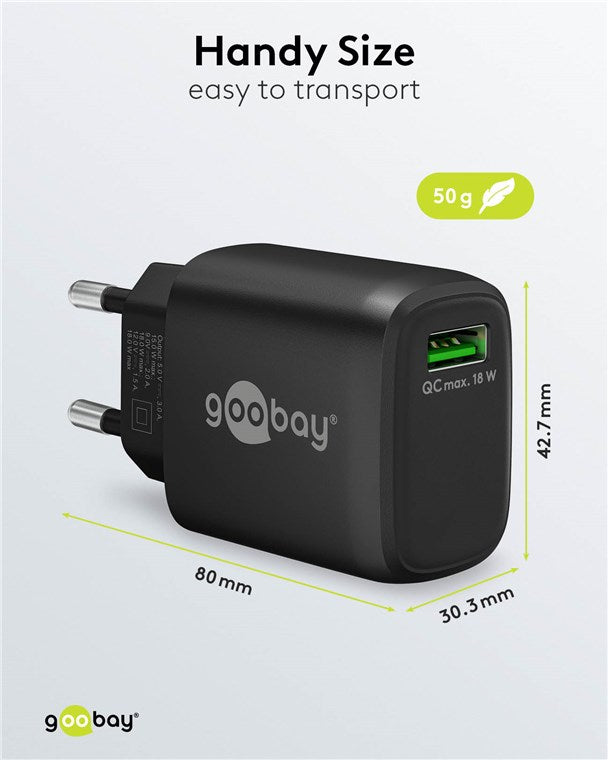 Cargador de pared USB-A QC Fast Charger (18 W) Negro