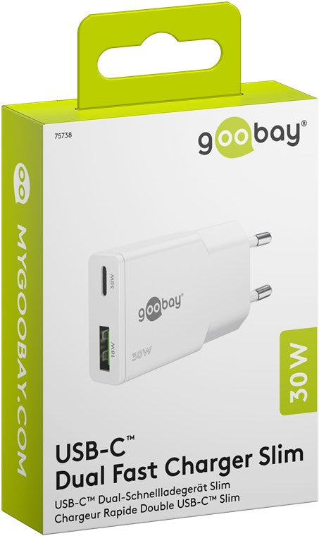 Cargador USB-C™ PD GaN Dual Fast Charger Slim (30 W) Color Blanco
