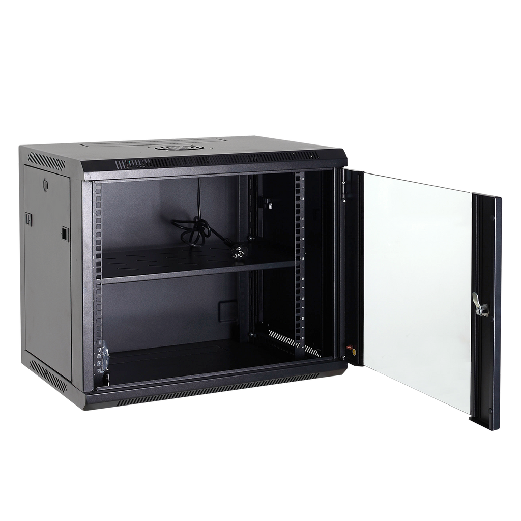 Rack de parede 9U de 19", capacidade de 100 kg, com gestão de cabos, ventoinha e tabuleiro incluídos, régua de alimentação em alumínio preto. 