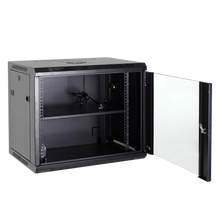 Rack de parede 9U de 19", capacidade de 100 kg, com gestão de cabos, ventoinha e tabuleiro incluídos, régua de alimentação em alumínio preto. 