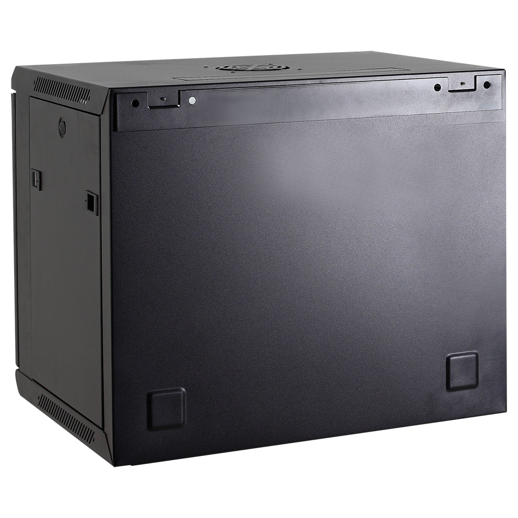 Rack de parede 9U de 19", capacidade de 100 kg, com gestão de cabos, ventoinha e tabuleiro incluídos, régua de alimentação em alumínio preto. 