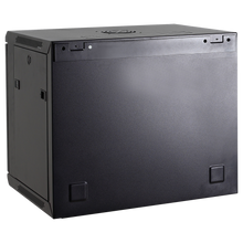 Rack de parede 9U de 19", capacidade de 100 kg, com gestão de cabos, ventoinha e tabuleiro incluídos, régua de alimentação em alumínio preto. 