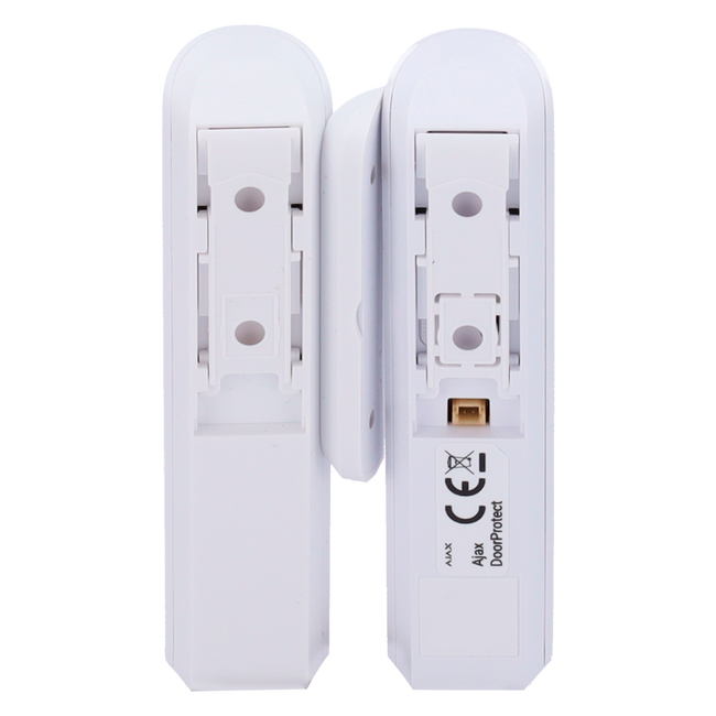 White Ajax DoorProtect magnetic contact, back of the detector and magnet with its label